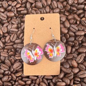 Hand-Painted Pink Butterfly Coconut Shell Drop Earrings - Women Jewelry